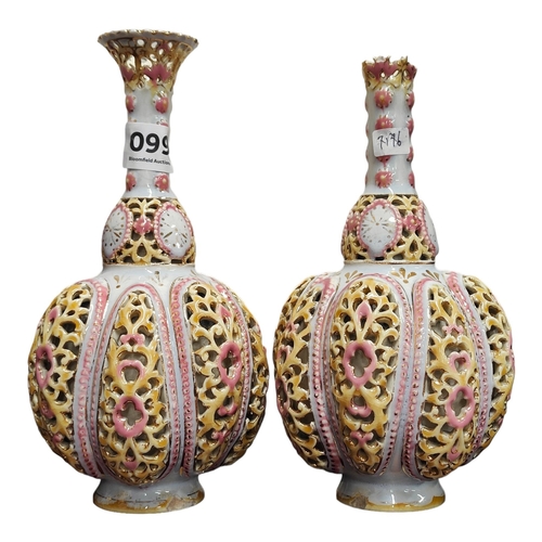 99 - PAIR OF ANTIQUE RETICULATED VASES SOME DAMAGE