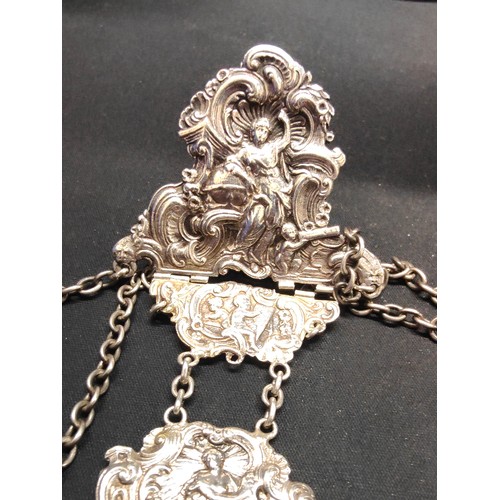 319 - ANTIQUE CONTINENTAL SILVER CHATALINE WITH 6 SILVER HALLMARKED ACCESSORIES