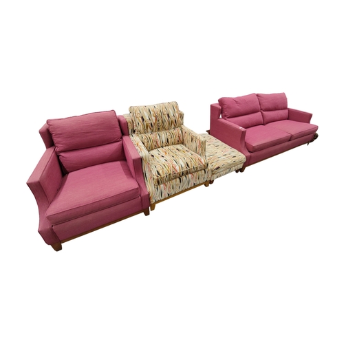 169 - DURESTA 3 SEATER DOMUS OAK LEG SOFA & 2 DURESTA ARMCHAIRS & LONG FOOTSTOOL