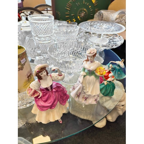 5 - LARGE QUANTITY OF CUT GLASS, DOULTON FIGURES, COALPORT AND HUMMEL FIGURES