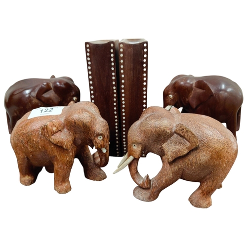 122 - PAIR OF ELEPHANT BOOKENDS AND ELEPHANT ORNAMENTS