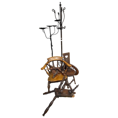 134 - SPINNING WHEEL, CAPTAINS CHAIR, SPINNING CHAIR & 2 WROUGHT IRON STANDS