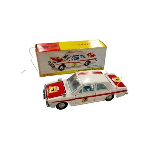 416 - BOXED DINKY MODEL 205, FORD CORTINA, MARK 2, RALLY CAR, CREAM WITH RED STRIPES