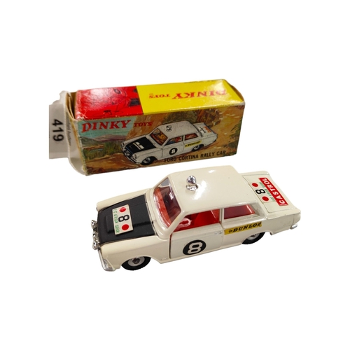 419 - BOXED DINKY MODEL 212, FORD CORTINA, MARK 1, RALLY CAR, WHITE WITH BLACK BONNET