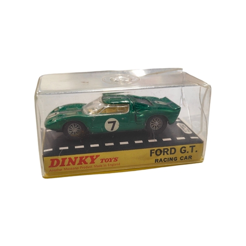 429 - BOXED DINKY MODEL 215, FORD GT RACING CAR, METALLIC GREEN COLOUR WITH NO.7 MARKER