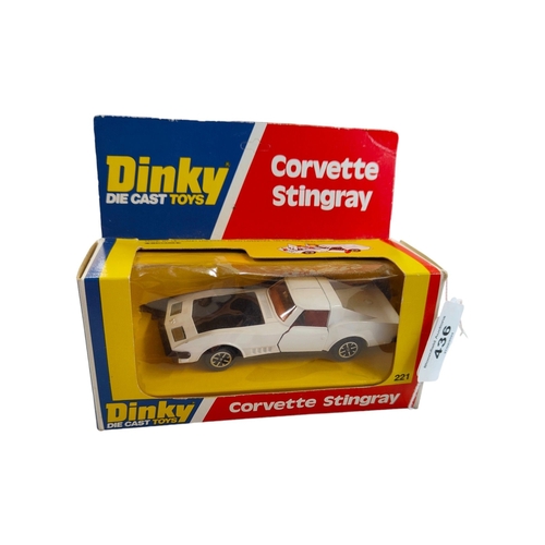 436 - BOXED DINKY MODEL 221, CORVETTE STINGRAY, WHITE WITH BLACK BONNET