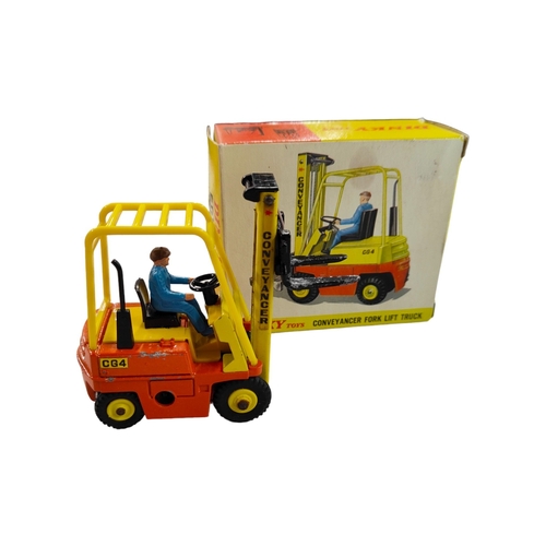 443 - BOXED DINKY MODEL 404, CONVEYANCER FORK LIFT TRUCK WITH PALLET, YELLOW/RED