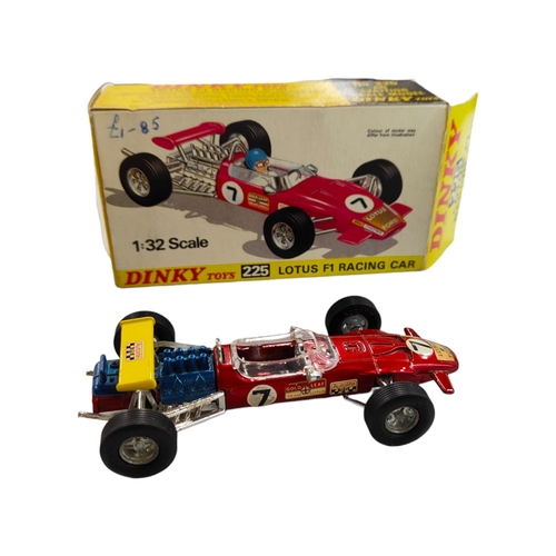 444 - BOXED DINKY MODEL 225, LOTUS F1 RACING CAR, RED, NO DRIVER