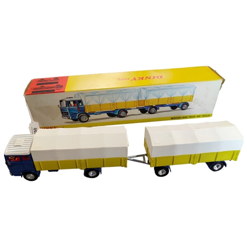 450 - BOXED DINKY MODEL 917, MERCEDES BENZ TRUCK & TRAILER, WITH CANOPIES, BLUE/YELLOW