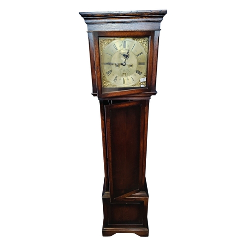 1 - OAK LONG CASED CLOCK WITH BRASS DIAL