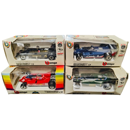 105 - 4 BOXED FORMULA 1 BURAGO LARGE SCALE MODELS