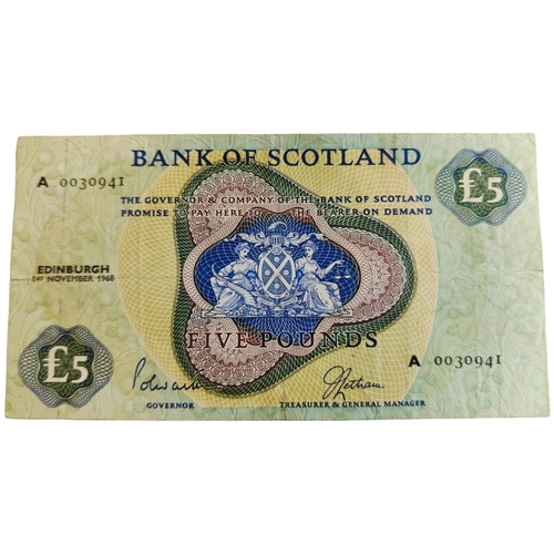 299 - BANK OF SCOTLAND £5 BANKNOTE 1ST NOVEMBER 1968 LORD POLWARTH