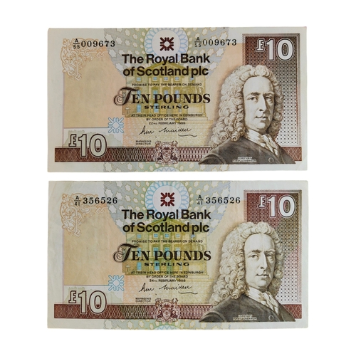 306 - 2 X ROYAL BANK OF SCOTLAND £10 BANK NOTES - 24TH FEBRUARY 1988 AND 22ND FEBRUARY 1989