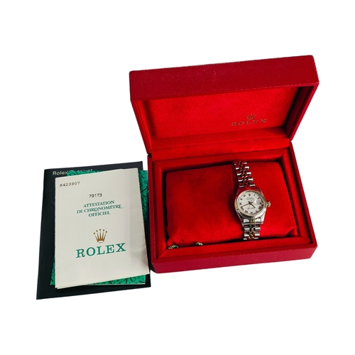 383 - LADIES ROLEX OYSTER PERPETUAL DATEJUST IN BOX WITH PAPERWORK