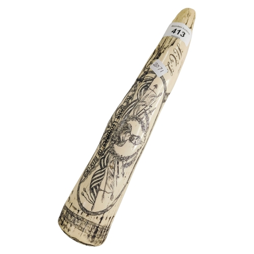 413 - SCRIMSHAW STYLE HORN THE BARK OF LEONIDAS OF BEDFORD