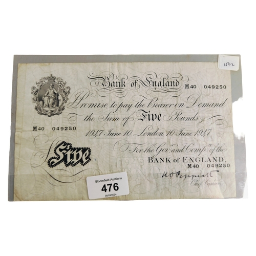 476 - BANK OF ENGLAND £5 BANKNOTE 1947 JUNE 10 K.O.PEPPIATT