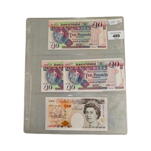 489 - 3 X BANK OF IRELAND £10 BANK NOTES - 2 X 28TH MAY 1992 AND 1 X 14TH MAY 1991 AND BANK OF ENGLAND £10... 