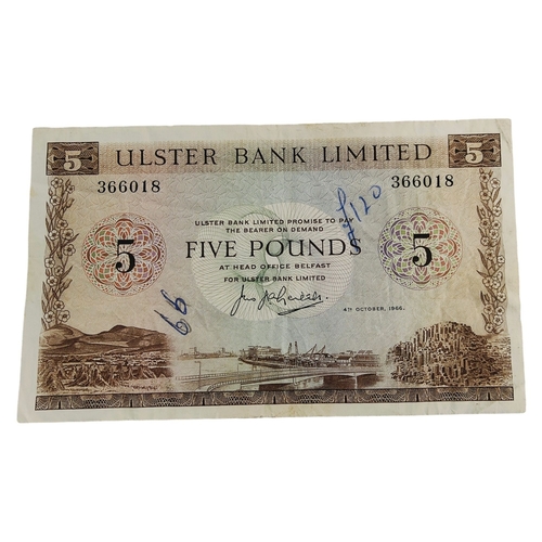 497 - ULSTER BANK £5 BANKNOTE 4TH OCTOBER 1966 J.J.A.LEITCH