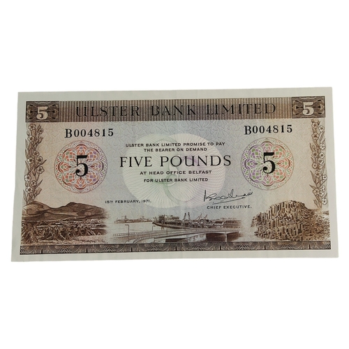 502 - ULSTER BANK £5 BANKNOTE 1ST FEBRUARY 1971 A.E.G.BRAIN