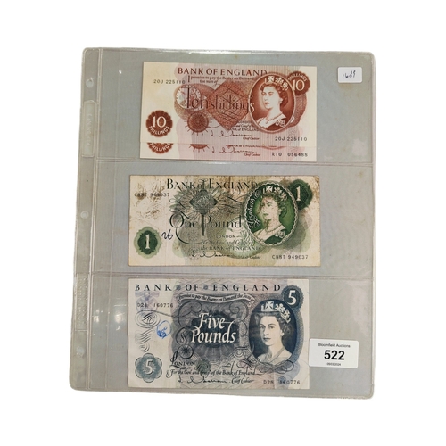 522 - 2 X BANK OF ENGLAND TEN SHILLING NOTES , 1 X BANK OF ENGLAND £1 BANK NOTE AND 1 X BANK OF ENGLAND £5... 