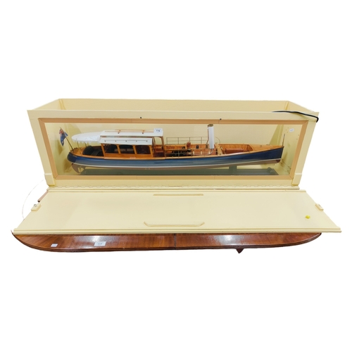 116 - SUPERB MODEL BOAT IN DISPLAY CASE WITH ENGINE 124CM X 38CM X 27CM