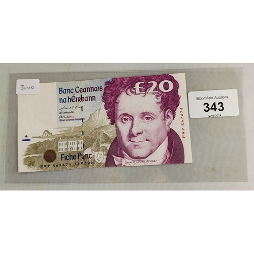 343 - CENTRAL BANK OF IRELAND £20 BANKNOTES (VF) 16.2.99