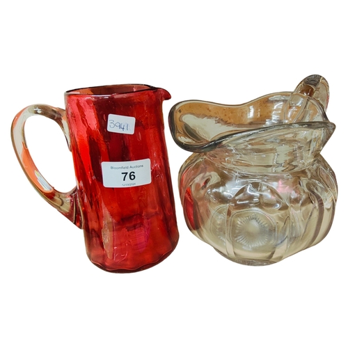 76 - VICTORIAN RUBY GLASS JUG AND OLD PRESSED GLASS JUG