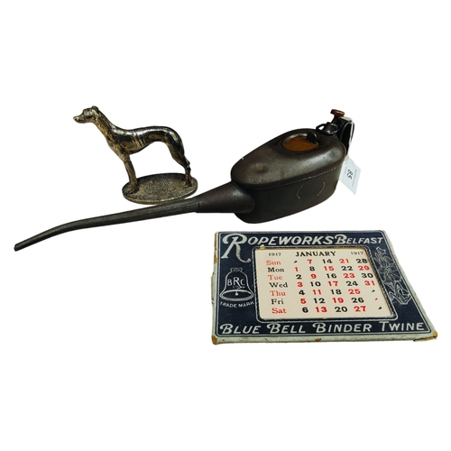 85 - 1917 ROPEWORK DESK CALENDAR COMPLETE, SHEFFIELD SILVER PLATED DOG AND ANTIQUE DOUBLE SLIDE OIL CAN