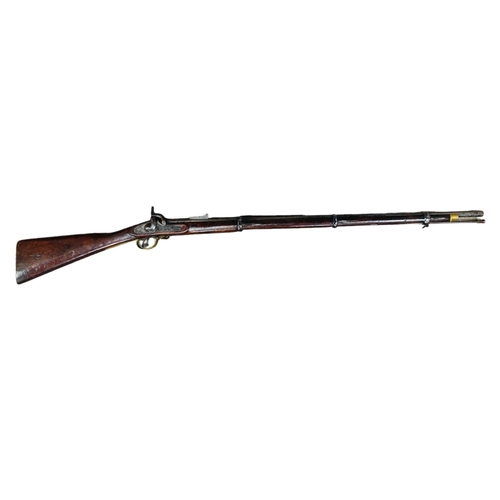 134 - 3 BAND ENFIELD RIFLE.  LOCK MARKED WITH CROWN, V & R DATED 1857 WITH INSPECTION STAMPS.  MECHANISM W... 