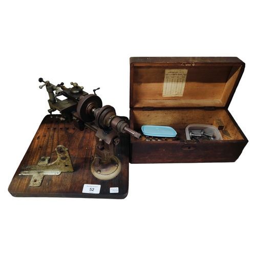 52 - WATCH MAKERS LAITHE ON STAND & BOX OF ACCESSORIES