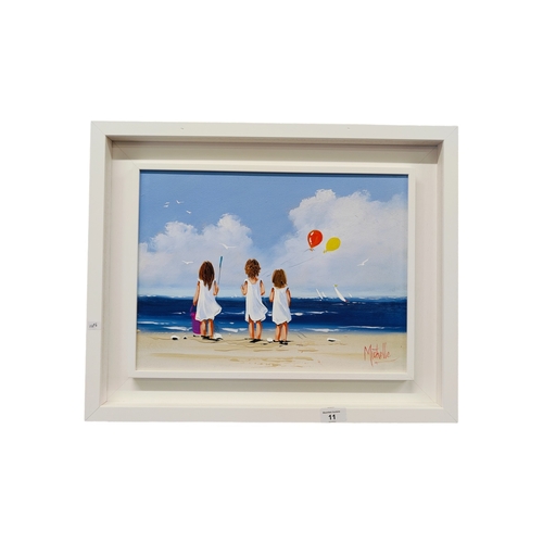 11 - MICHELLE CARLIN - OIL ON BOARD - 3 GIRLS ON A BEACH