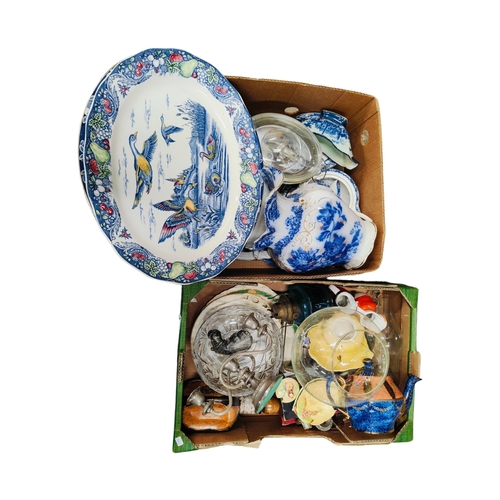 118 - 2 BOXES OF EPNS, BLUE & WHITE CHINA, OIL LAMP & ORNAMENTS