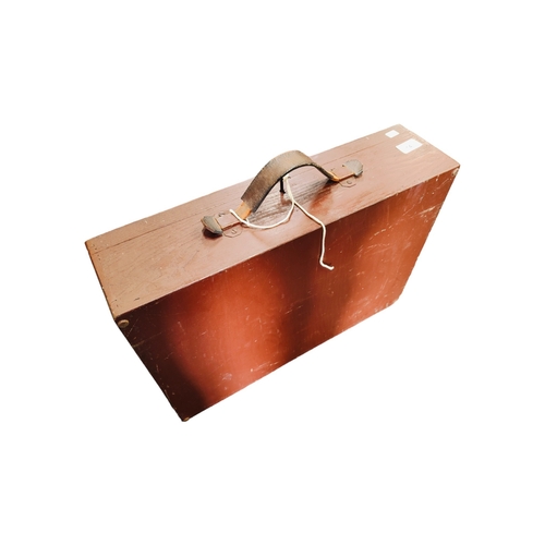 14 - WOODEN SUITCASE WITH KEY & LEATHER HANDLE