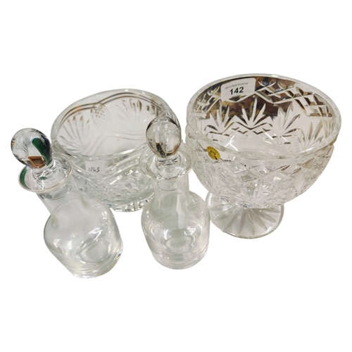 142 - 2 X TYRONE CRYSTAL BOWLS & 2 GLASS DECANTERS