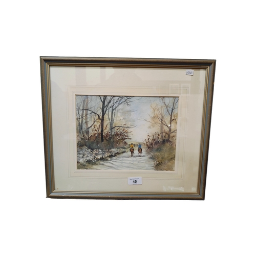 45 - SIGNED WATERCOLOUR - HORSE RIDING COUNTRY LANE