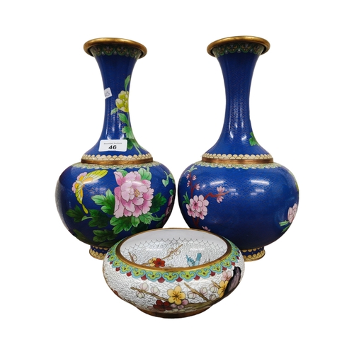 46 - PAIR OF CLOISONNE VASES AND BOWL