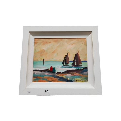 21 - P.MURPHY - OIL ON BOARD - WATCHING THE BOATS - 36CM X 32CM