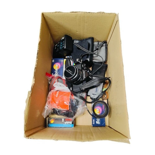 49 - BOX OF CAMERAS AND LENSES ETC