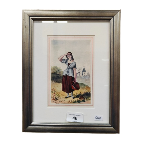 46 - ORIGINAL VICTORIAN WATERCOLOUR GIRL WITH PICTURE 14CM X 10CM