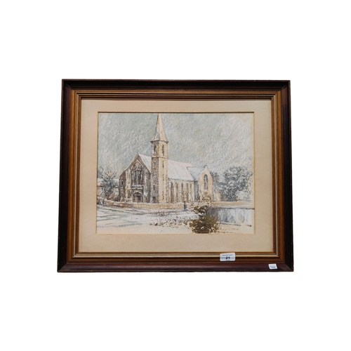 21 - KIERAN McGORAN PASTEL - CHURCH IN WINTER - 40CM X 31CM