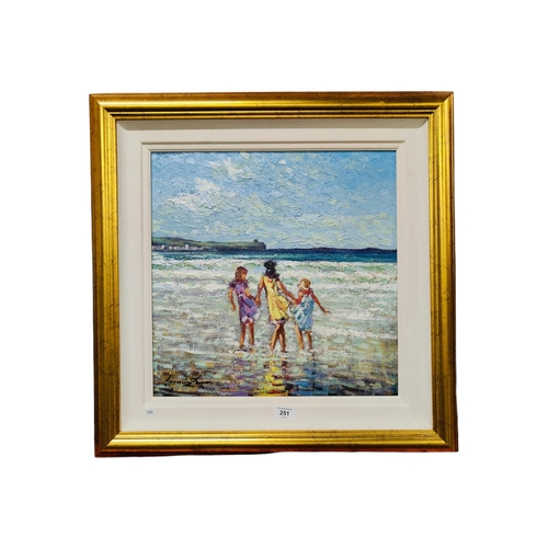 251 - WM CUNNINGHAM - OIL ON CANVAS - 3 3 GIRLS AT THE BEACH 42CM X 42CM