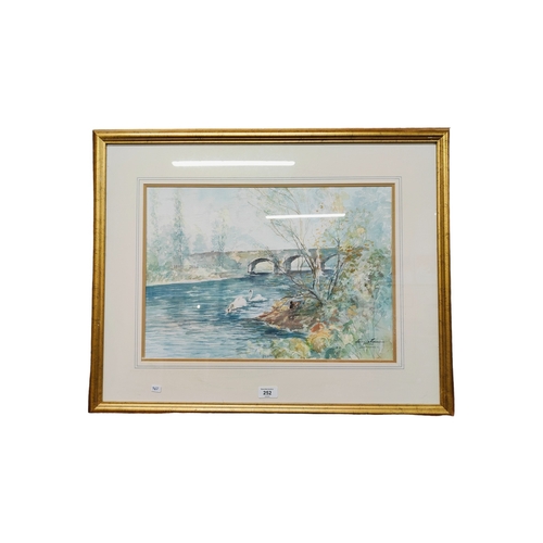 252 - WM CUNNINGHAM - WATERCOLOUR - SWANS ON RIVER 50CM X 35CM