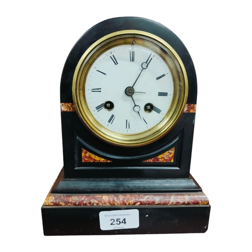 254 - VICTORIAN MINIATURE SLATE & MARBLE MANTLE CLOCK & PENDULUM