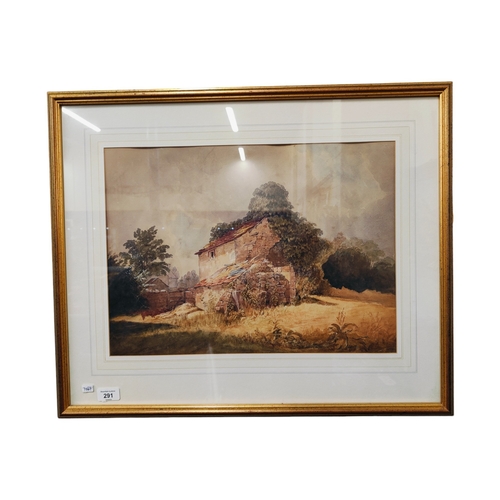 291 - ANTIQUE WATERCOLOUR - RUINED FARMHOUSE - 48CM X 35CM