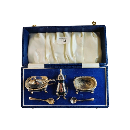 323 - BOXED SILVER CONDIMENT SET - HALLMARKED BIRMINGHAM