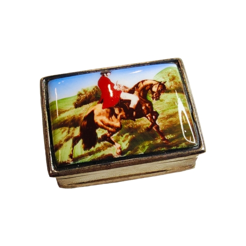 325 - SILVER & ENAMEL HUNTING SCENE PILL BOX