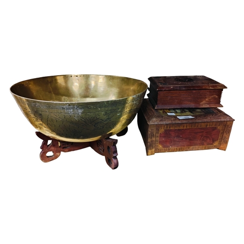 33 - CHINESE BRASS BOWL ON STAND WITH 2 BOXES