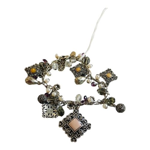 334 - SILVER CHARM BRACELET SET WITH MARCASITE AND STONE SET CHARMS