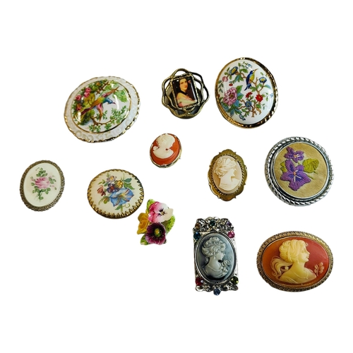 340 - SELECTION OF CAMEO, PORCELAIN AND TAPESTRY BROOCHES