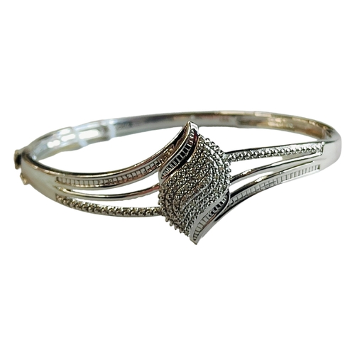 355 - SILVER BANGLE WITH PAVE SET DIAMOND CLUSTER